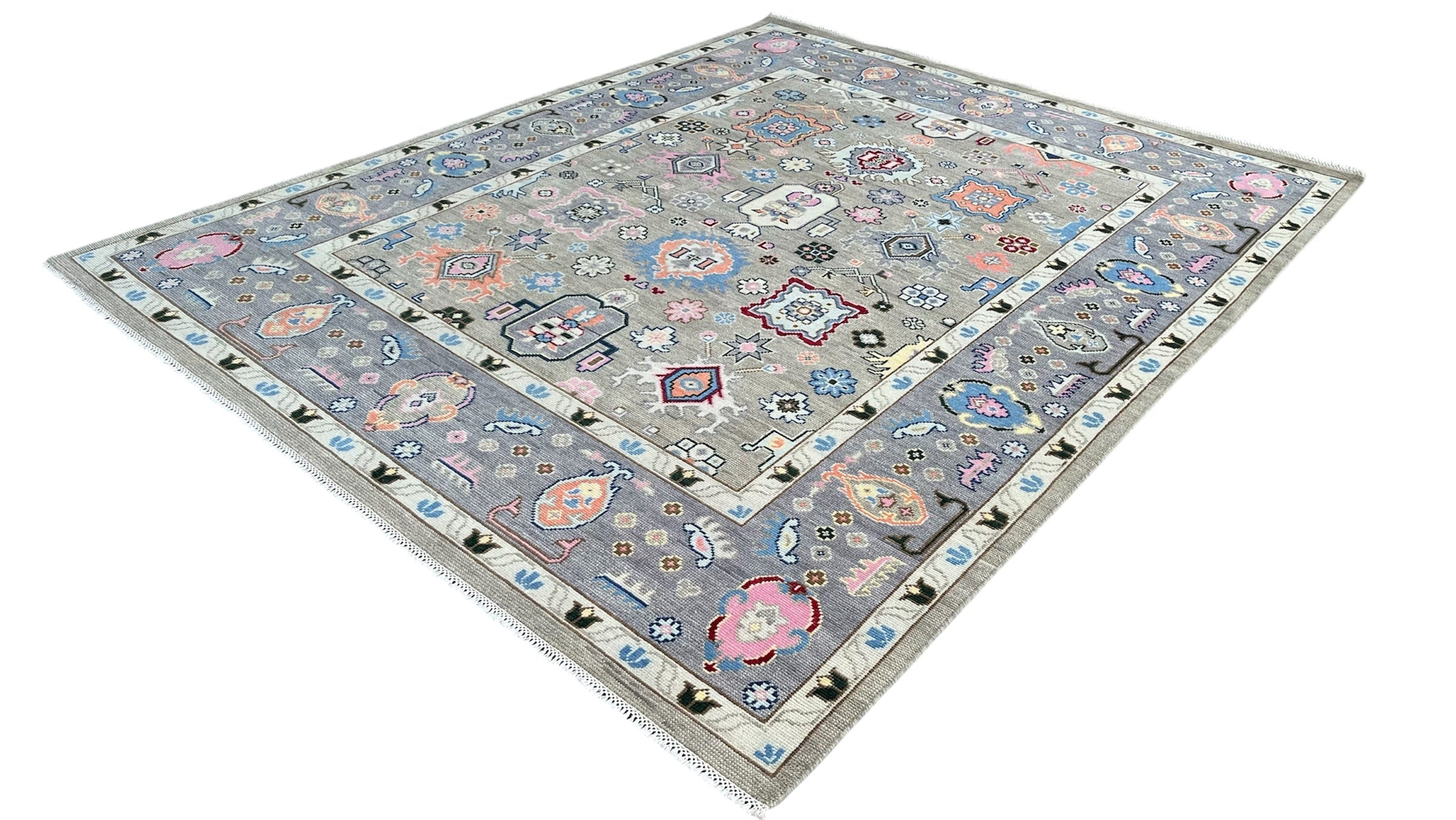 Premium Hand-Knotted Oushak Wool Rug - Muted Slate Blue Pastel Floral Carpet