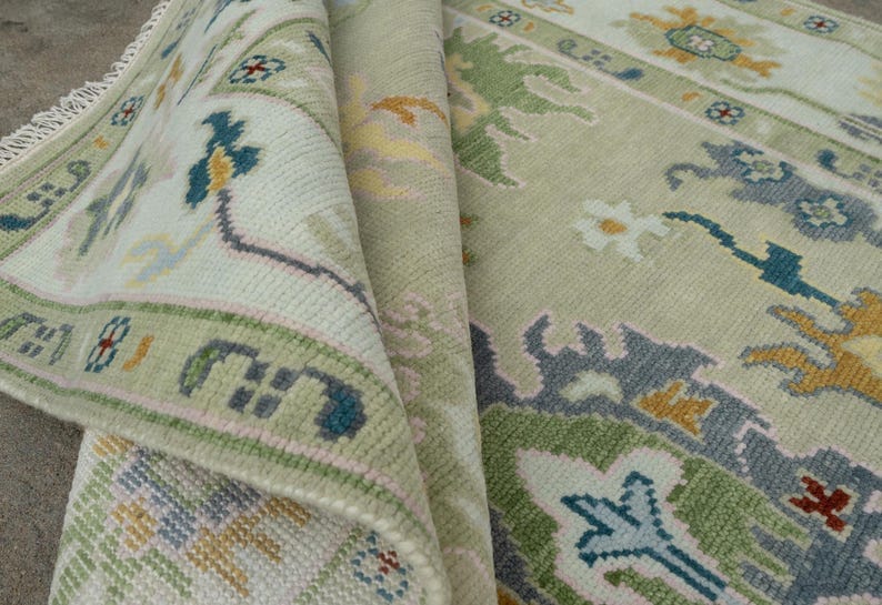 Premium Hand-Knotted Oushak Wool Rug - Muted Sage Green & Pale Yellow Pastel Turkish Carpet - Custom Size Area Rug for Living Room, Bedroom & Nursery