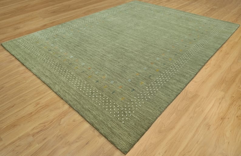 Premium Hand-Knotted Gabbeh Wool Rug - Minimalist Sage Green Organic Tribal Area Carpet - Custom Size Available