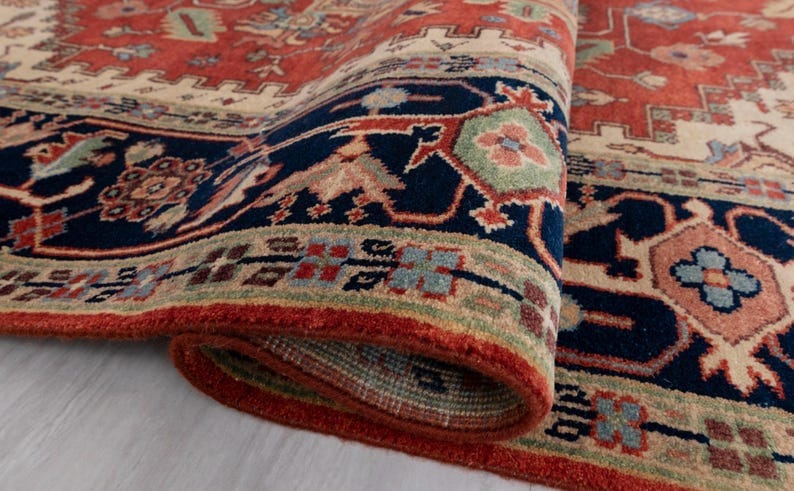 Premium Hand-Knotted Oushak Wool Rug - Terracotta Red & Navy Blue Traditional Carpet