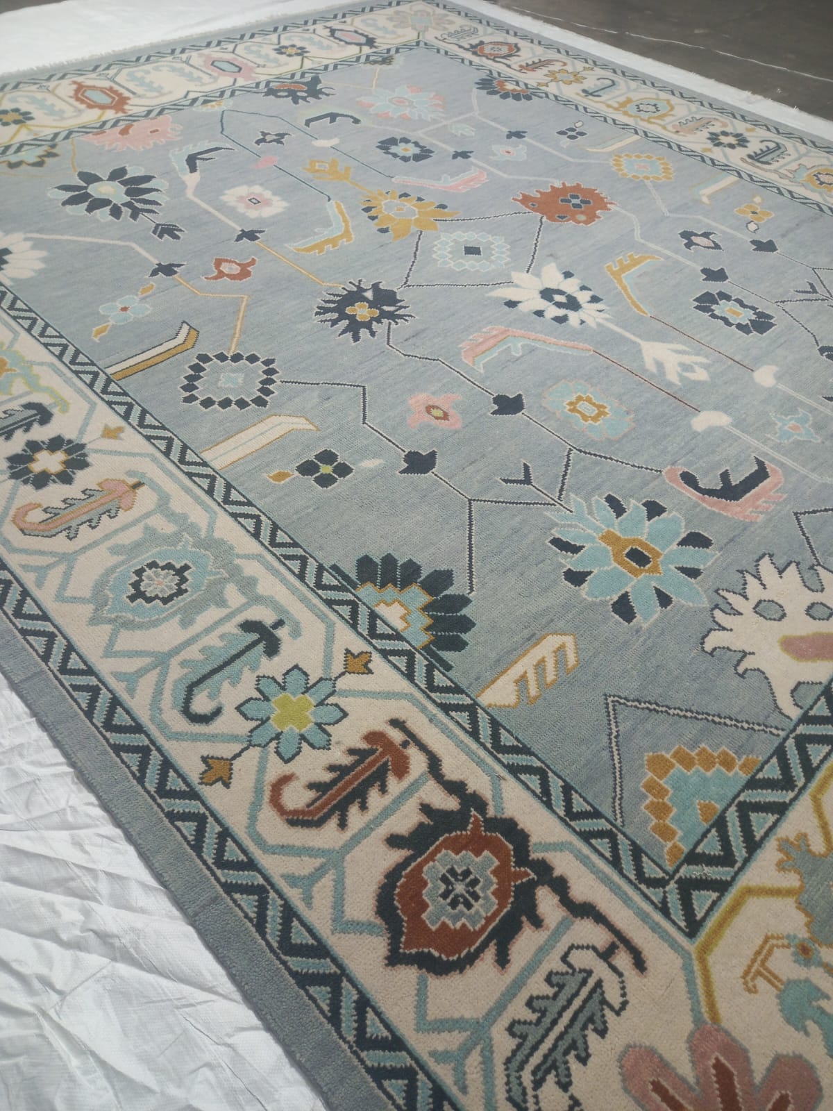 Premium Hand-Knotted Oushak Wool Rug - Slate Blue & Ivory Border Transitional Carpet - Custom Size Area Rug for Living Room, Bedroom & Dining Space