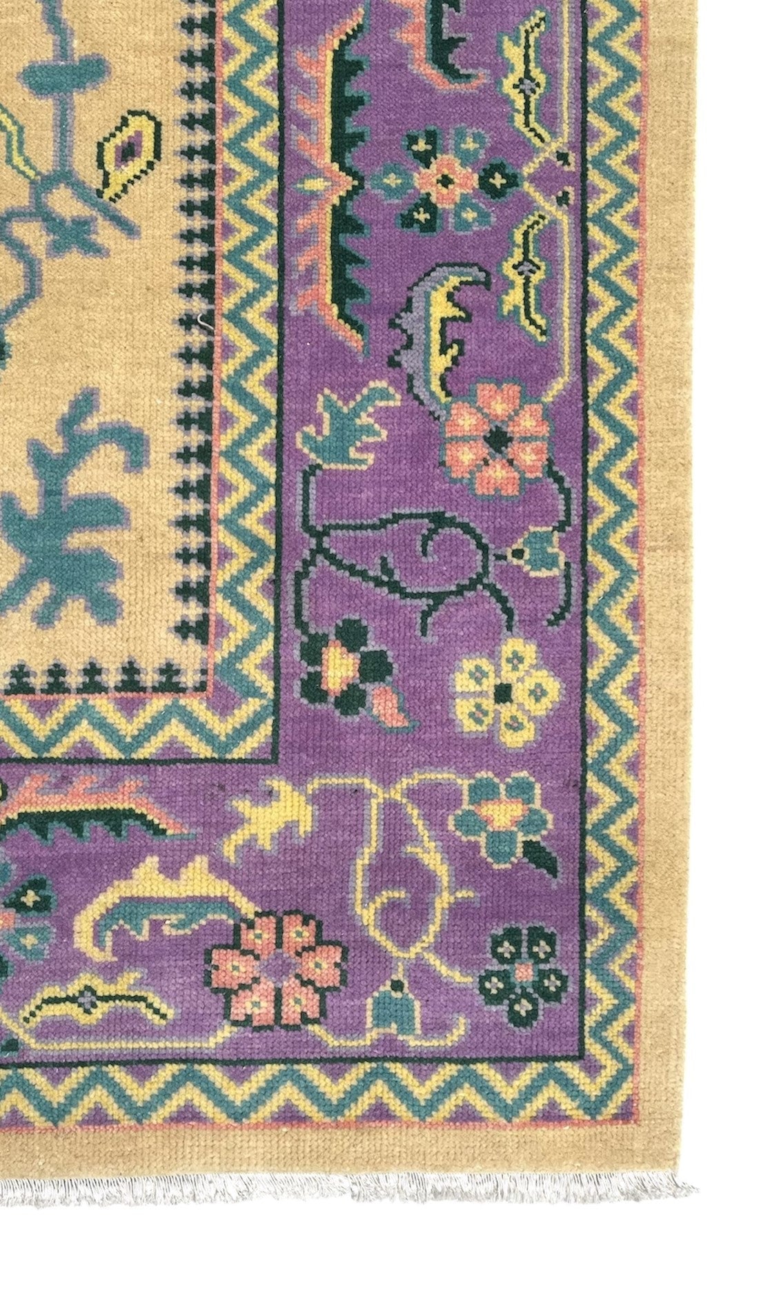 Premium Hand-Knotted Oushak Wool Rug - Ivory Cream and Purple Lavender Floral Carpet