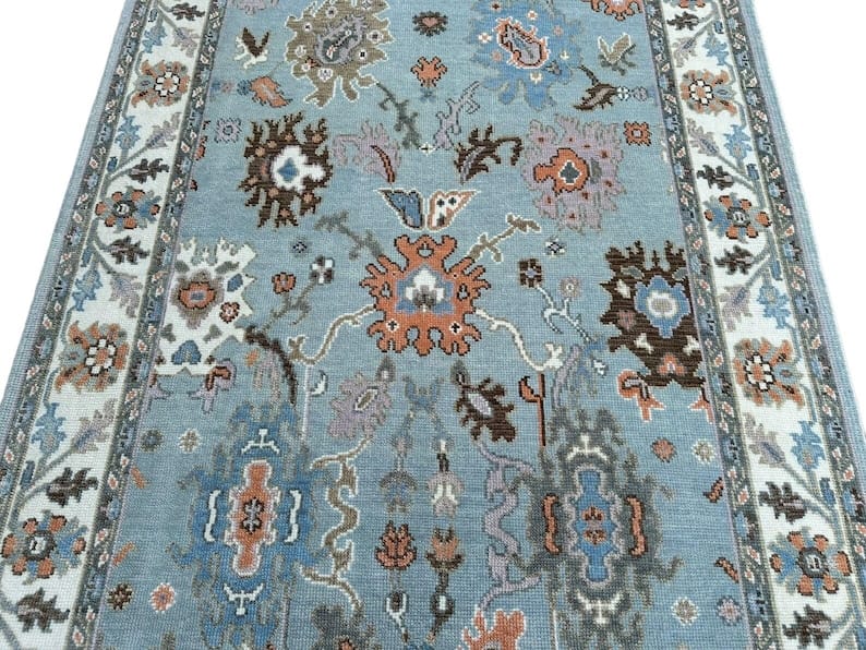 Premium Hand-Knotted Oushak Wool Rug - Steel Blue & Ivory Border Turkish Style Carpet - Custom Size Area Rug for Living Room, Bedroom & Dining Space