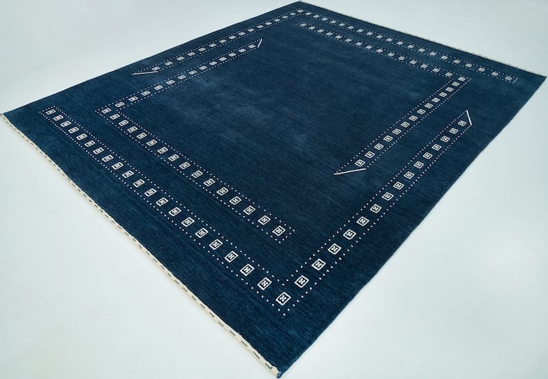Premium Hand-Knotted Gabbeh Wool Rug - Minimalist Navy Indigo Blue Geometric Tribal Area Carpet - Custom Size Available