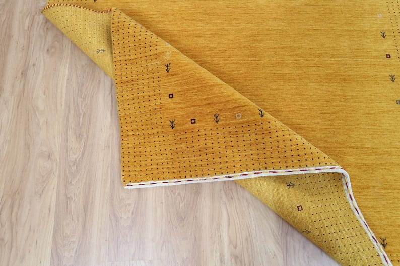 Premium Hand-Knotted Gabbeh Wool Rug - Solid Minimalist Mustard Golden Yellow Carpet