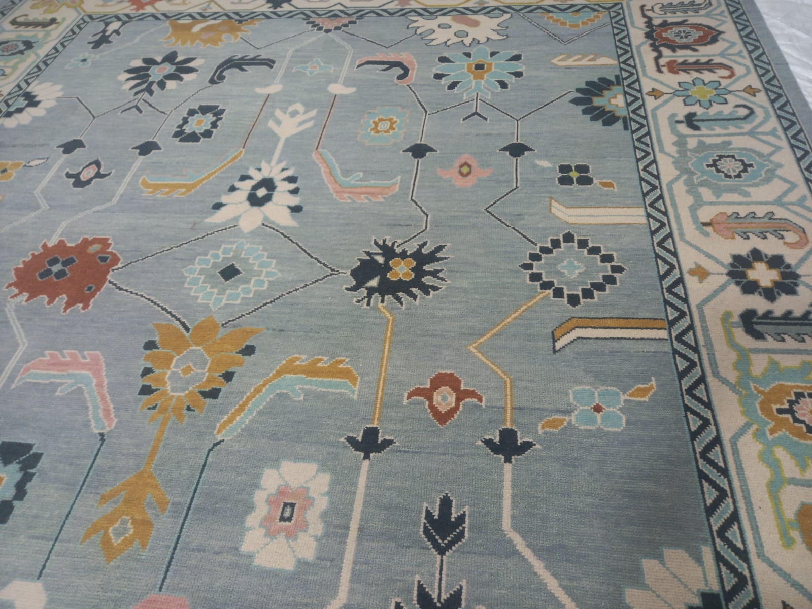 Premium Hand-Knotted Oushak Wool Rug - Slate Blue & Ivory Border Transitional Carpet - Custom Size Area Rug for Living Room, Bedroom & Dining Space