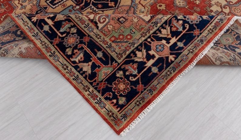 Premium Hand-Knotted Oushak Wool Rug - Terracotta Red & Navy Blue Traditional Carpet