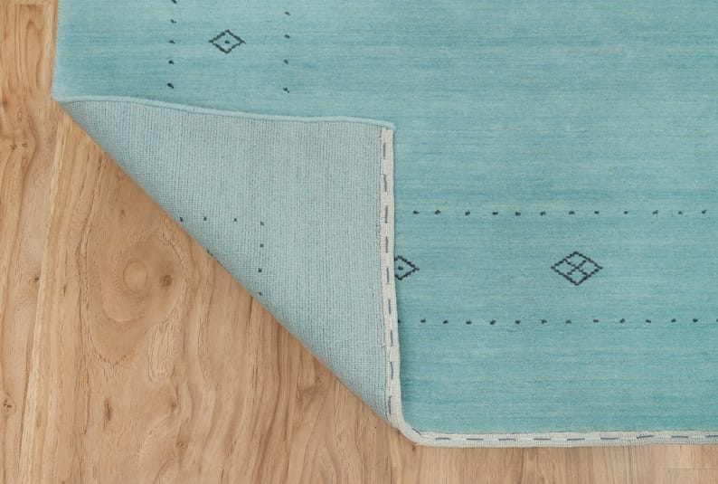 Premium Hand-Knotted Gabbeh Wool Rug - Minimalist Mint Green Aqua Blue Carpet