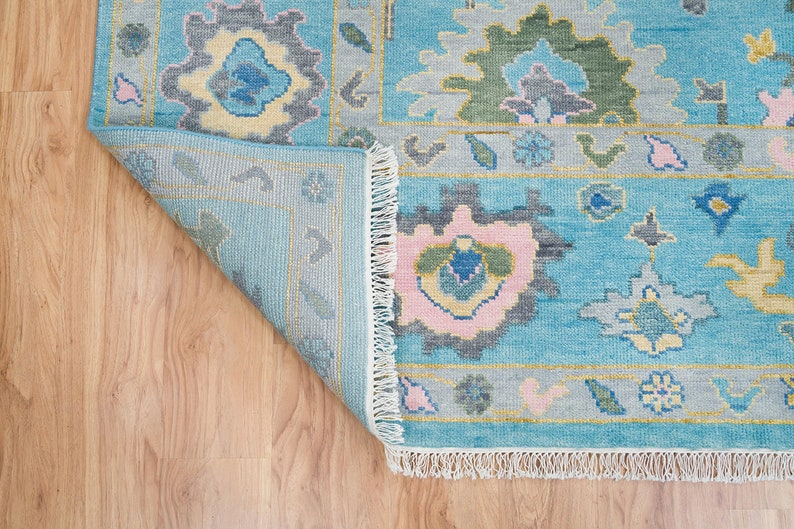 Premium Hand-Knotted Oushak Wool Rug - Serene Light Blue Pastel Floral Carpet
