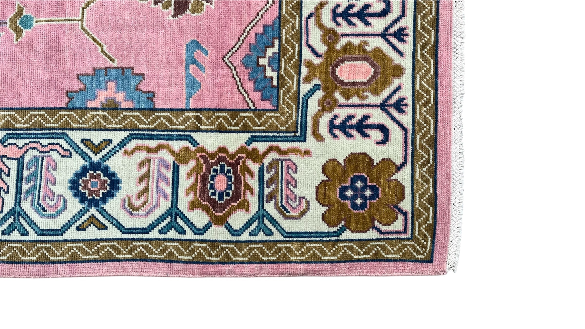 Premium Hand-Knotted Oushak Wool Rug - Soft Pink and Sage Green Floral Carpet