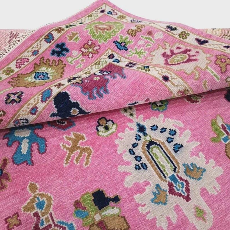 Premium Hand-Knotted Oushak Wool Rug - Fuchsia Pink & Multi-Color Turkish Style Carpet - Custom Size Area Rug for Living Room, Bedroom & Kids Room