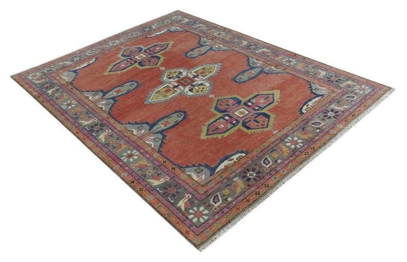 Premium Hand-Knotted Oushak Wool Rug - Rust Red & Navy Blue Geometric Tribal Carpet - Custom Size Area Rug for Living Room, Dining Room & Study