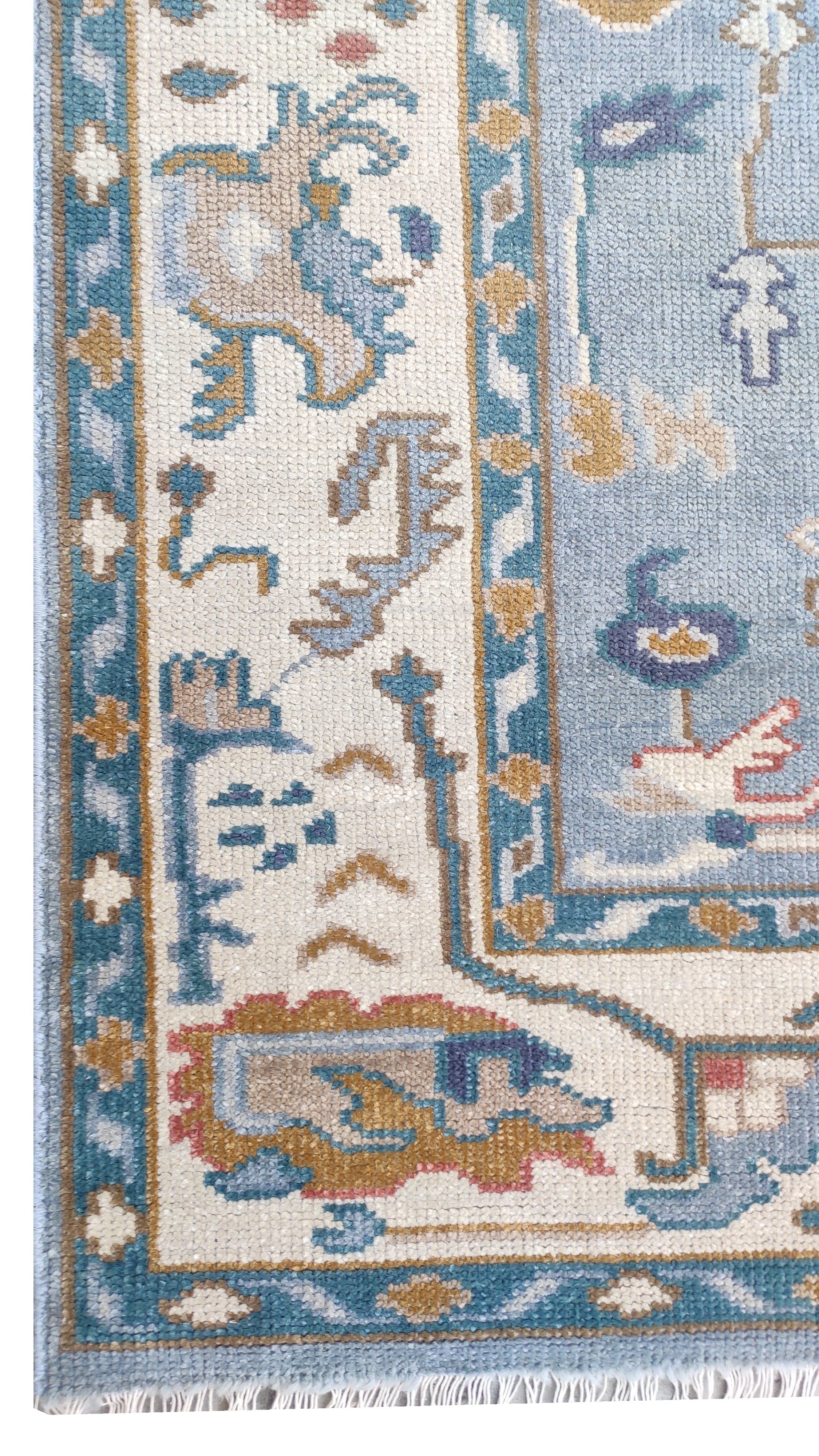 Premium Hand-Knotted Oushak Wool Rug - Serene Light Blue Cream Floral Carpet