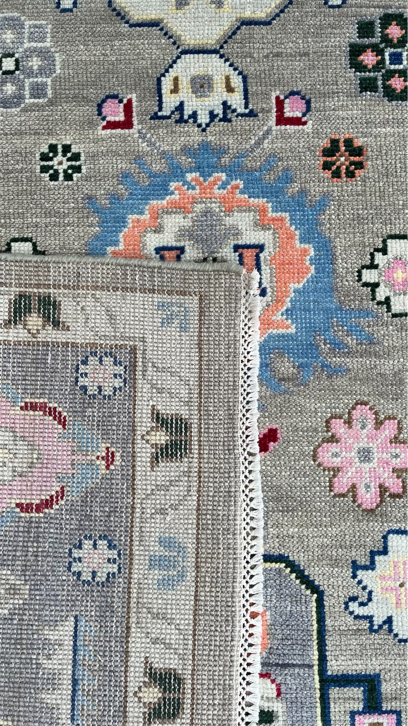 Premium Hand-Knotted Oushak Wool Rug - Muted Slate Blue Pastel Floral Carpet