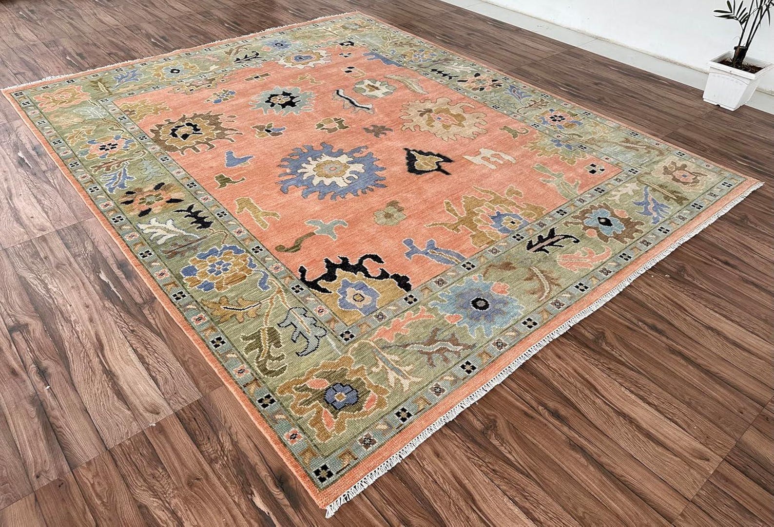 Premium Hand-Knotted Oushak Wool Rug - Vibrant Terracotta Orange Multi Floral Carpet