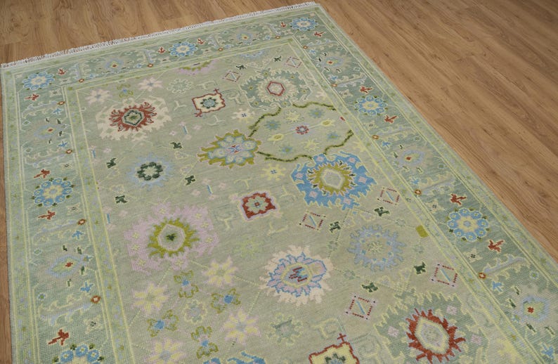 Premium Hand-Knotted Oushak Wool Rug - Muted Sage Green & Lavender Pastel Turkish Style Carpet - Custom Size Area Rug for Living Room, Bedroom & Nursery