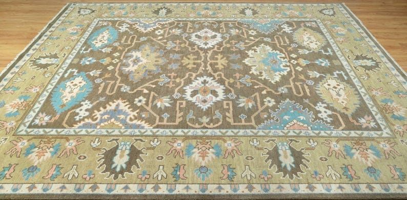 Premium Hand-Knotted Oushak Wool Rug - Classic Brown Tan Floral Area Carpet
