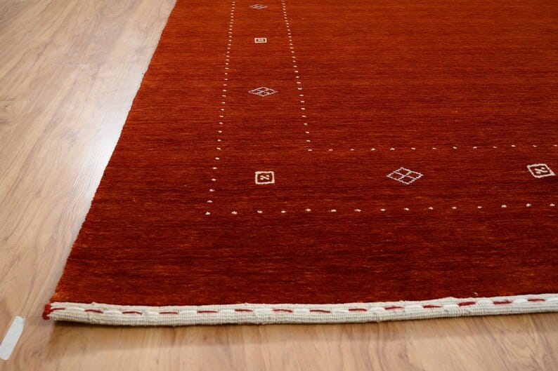 Premium Hand-Knotted Gabbeh Wool Rug - Solid Tomato Orange Red Turkish Carpet