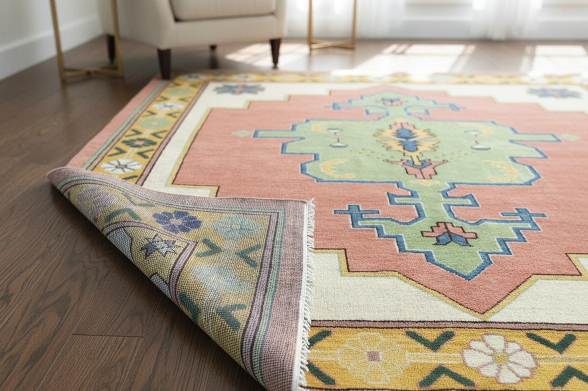 Premium Hand-Knotted Oushak Wool Rug - Vibrant Teal Blue & Terracotta Turkish Style Carpet - Custom Size Area Rug for Living Room, Bedroom & Dining Space