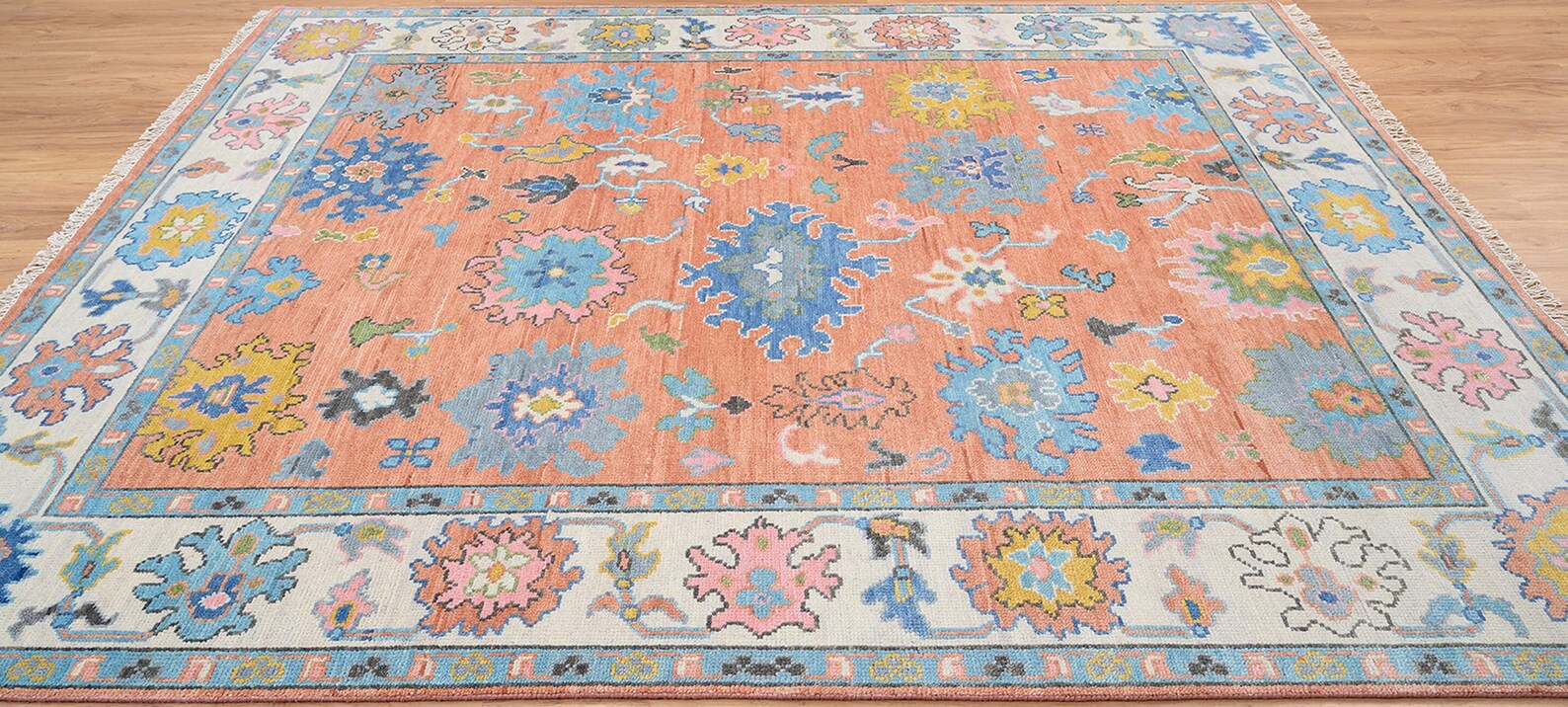 Premium Hand-Knotted Oushak Wool Rug - Vibrant Terracotta Orange Coral Floral Carpet