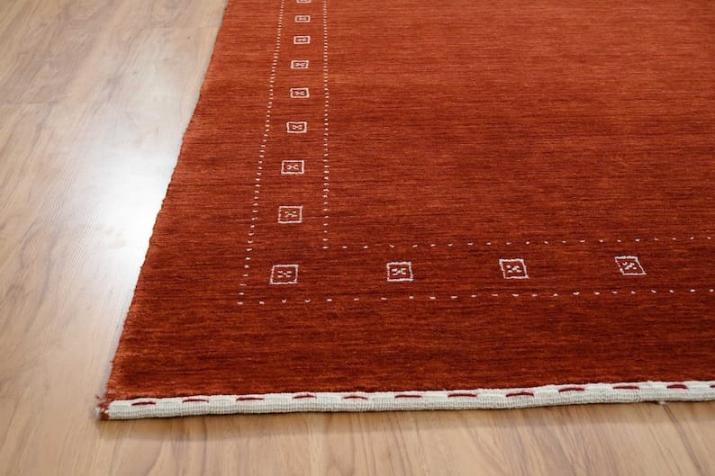 Premium Hand-Knotted Gabbeh Wool Rug - Solid Terracotta Red Rust Turkish Carpet