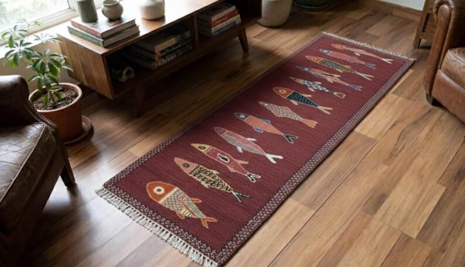 Hand-Knotted Oushak Wool Fish Runner Rug – Rust Red Eclectic Coastal Corridor Carpet