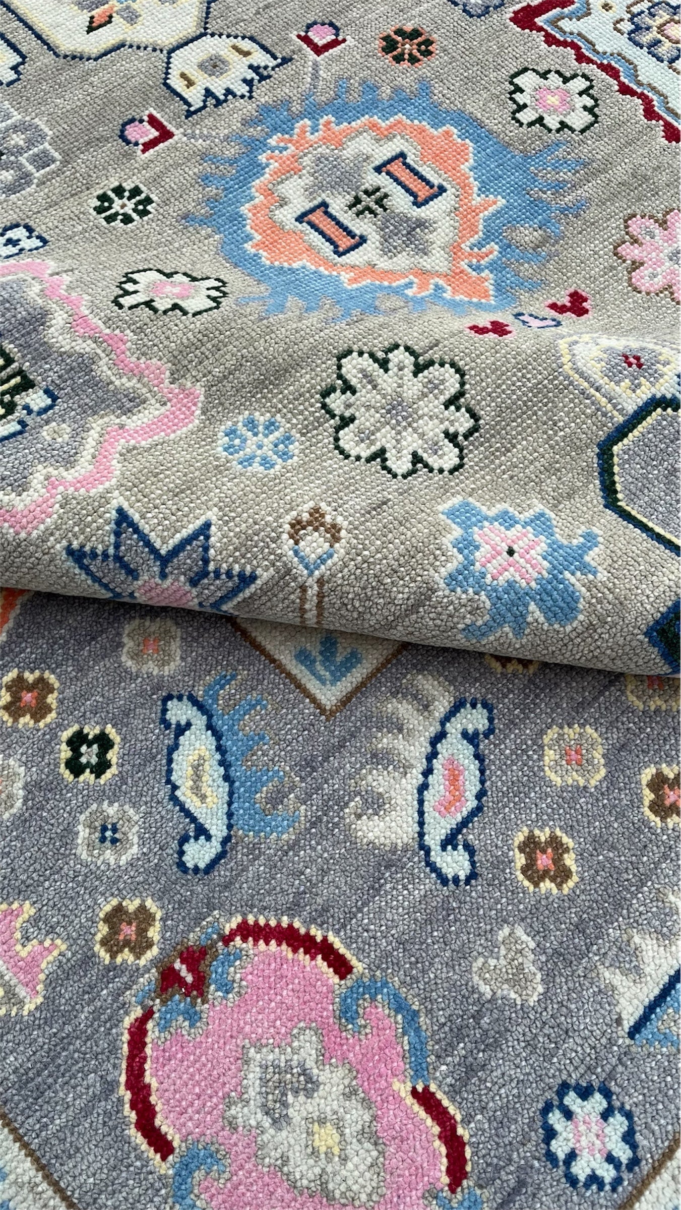 Premium Hand-Knotted Oushak Wool Rug - Muted Slate Blue Pastel Floral Carpet
