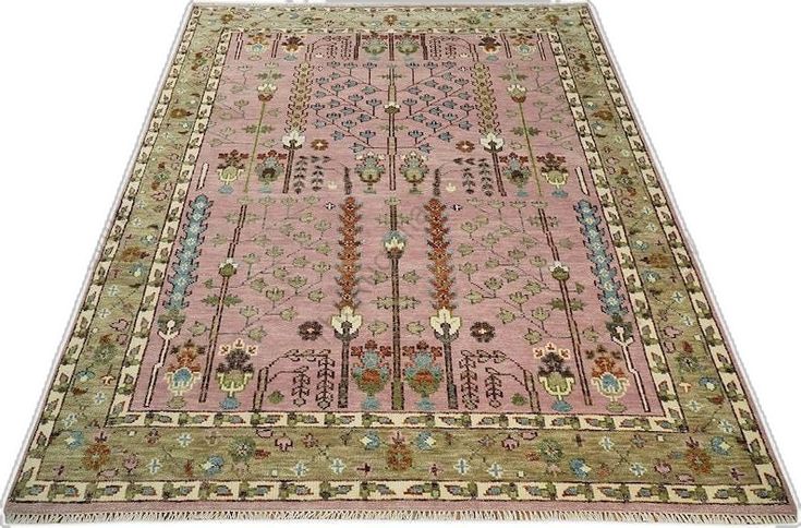 Premium Hand-Knotted Oushak Wool Rug - Muted Salmon Pink & Sage Green Tree of Life Carpet - Custom Size Traditional Area Rug for Living Room, Bedroom & Nursery