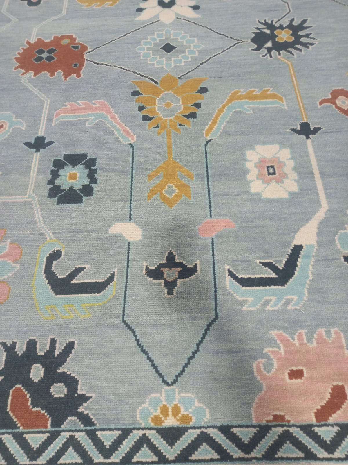 Premium Hand-Knotted Oushak Wool Rug - Slate Blue & Ivory Border Transitional Carpet - Custom Size Area Rug for Living Room, Bedroom & Dining Space