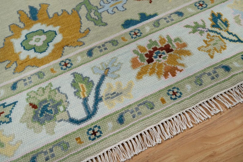 Premium Hand-Knotted Oushak Wool Rug - Muted Sage Green & Pale Yellow Pastel Turkish Carpet - Custom Size Area Rug for Living Room, Bedroom & Nursery