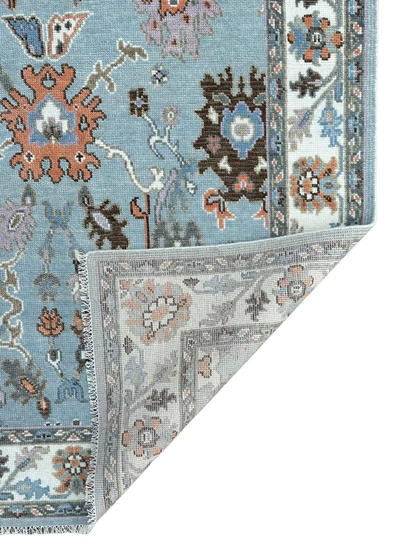 Premium Hand-Knotted Oushak Wool Rug - Steel Blue & Ivory Border Turkish Style Carpet - Custom Size Area Rug for Living Room, Bedroom & Dining Space