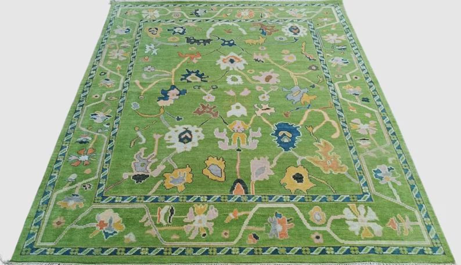 Premium Hand-Knotted Oushak Wool Rug - Apple Green & Pastel Floral Turkish Style Carpet - Custom Size Area Rug for Living Room, Bedroom & Dining Space