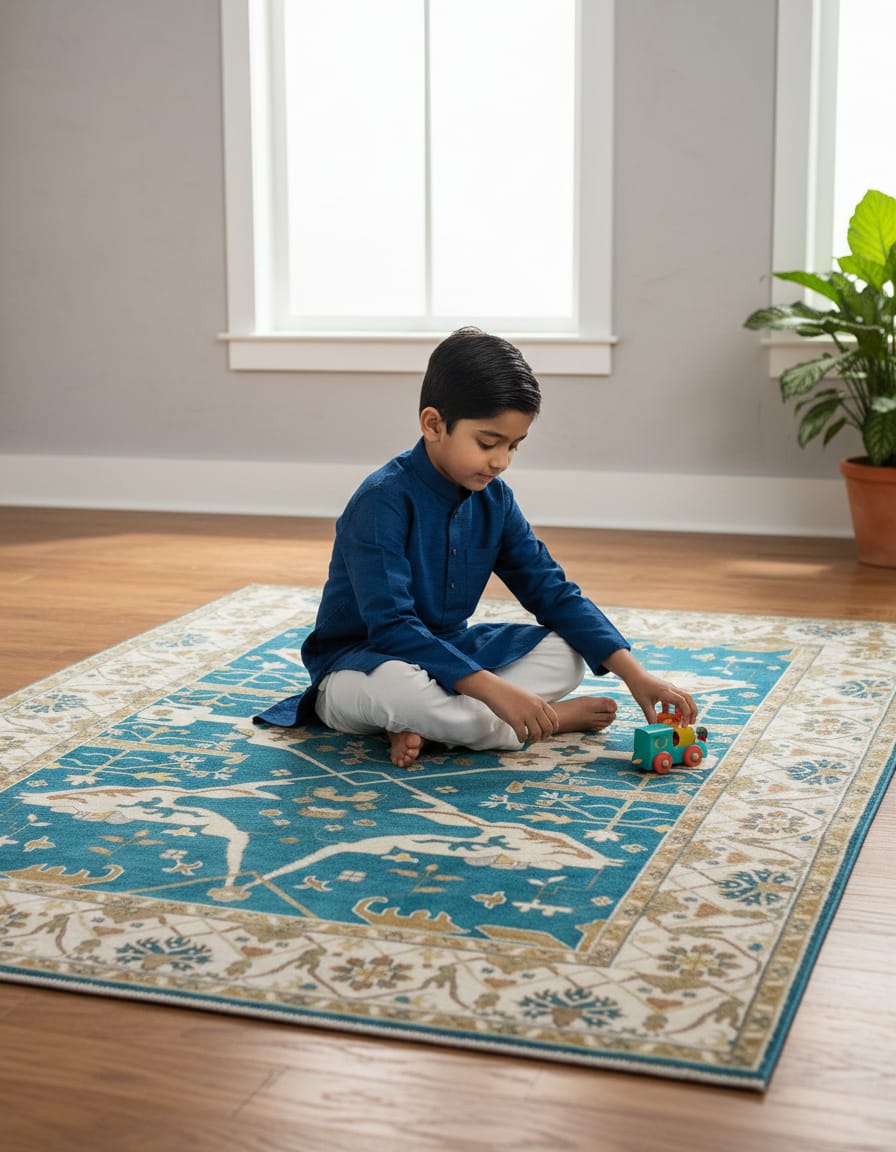 Premium Hand-Knotted Oushak Wool Rug - Teal Indigo Blue & Cream Turkish Carpet