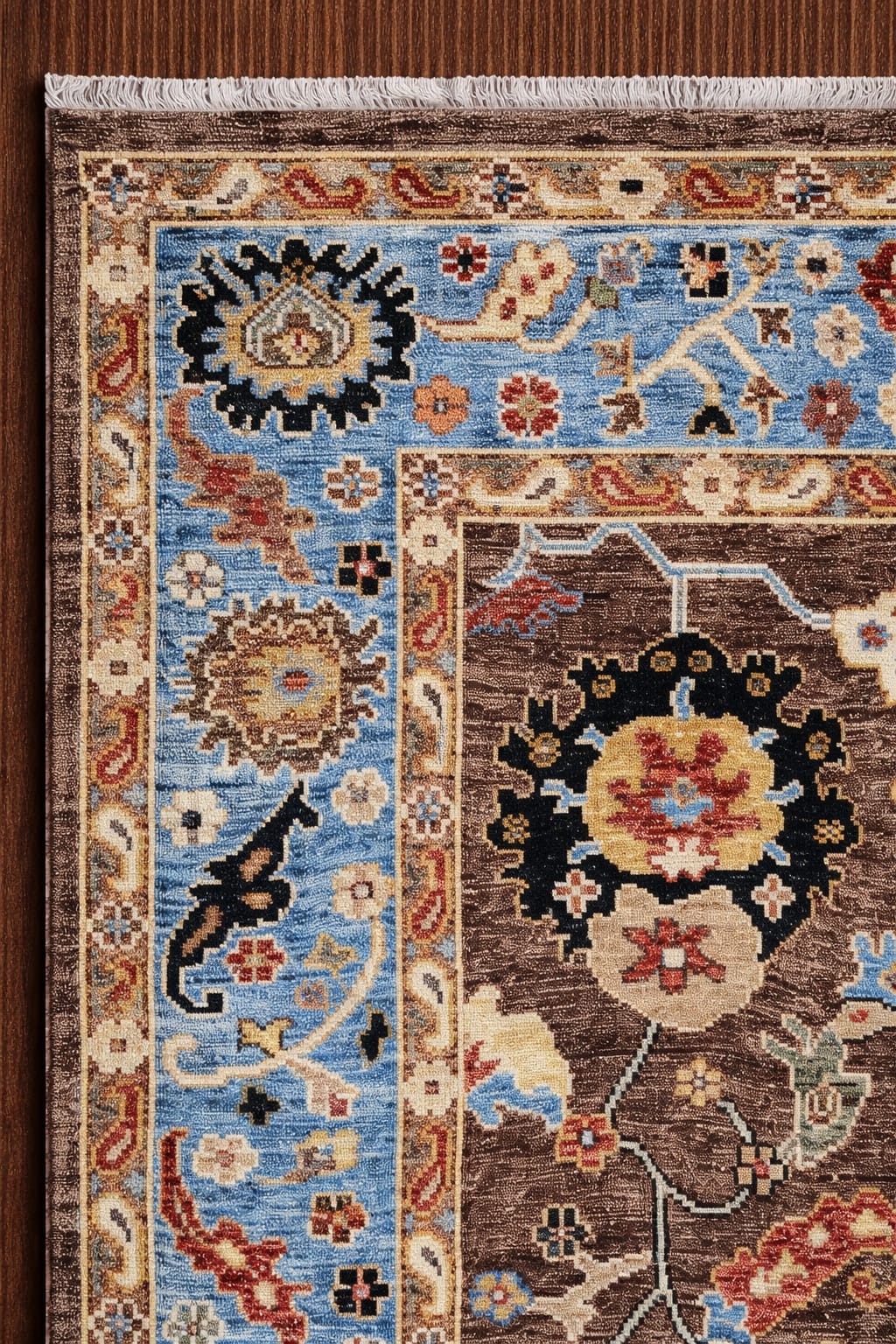 Premium Hand-Knotted Oushak Wool Rug - Taupe Brown & Sky Blue Border Turkish Carpet - Custom Size Area Rug for Living Room, Bedroom & Dining Room
