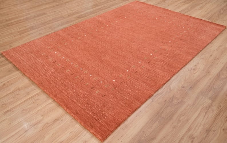 Premium Hand-Knotted Gabbeh Wool Rug - Minimalist Rust Orange Turkish Carpet