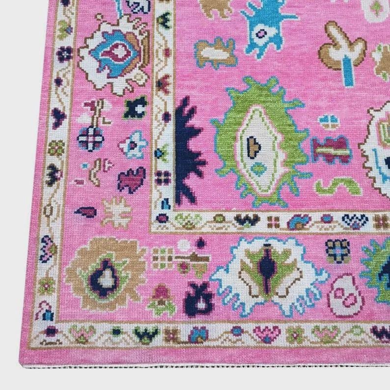 Premium Hand-Knotted Oushak Wool Rug - Fuchsia Pink & Multi-Color Turkish Style Carpet - Custom Size Area Rug for Living Room, Bedroom & Kids Room