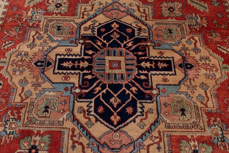Premium Hand-Knotted Oushak Wool Rug - Terracotta Red & Navy Blue Traditional Carpet