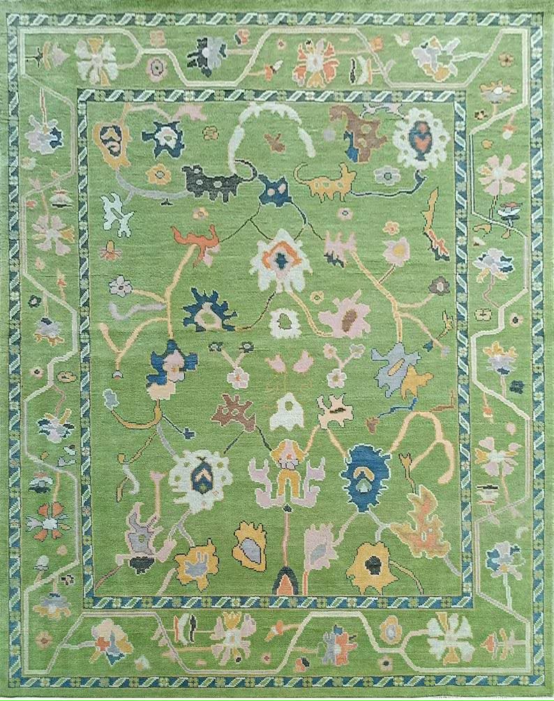 Premium Hand-Knotted Oushak Wool Rug - Minimalist Sage Green Pastel Floral Carpet