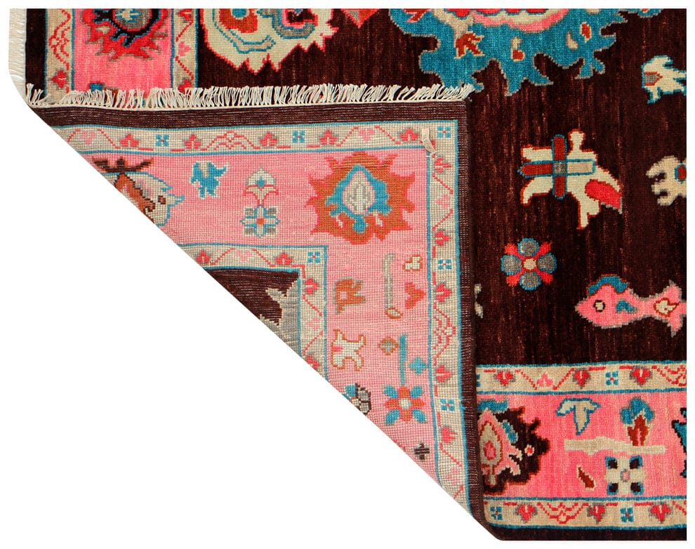 Premium Hand-Knotted Oushak Wool Rug - Dark Chocolate Brown & Pink Border Turkish Style Carpet - Custom Size Area Rug for Living Room, Bedroom & Study