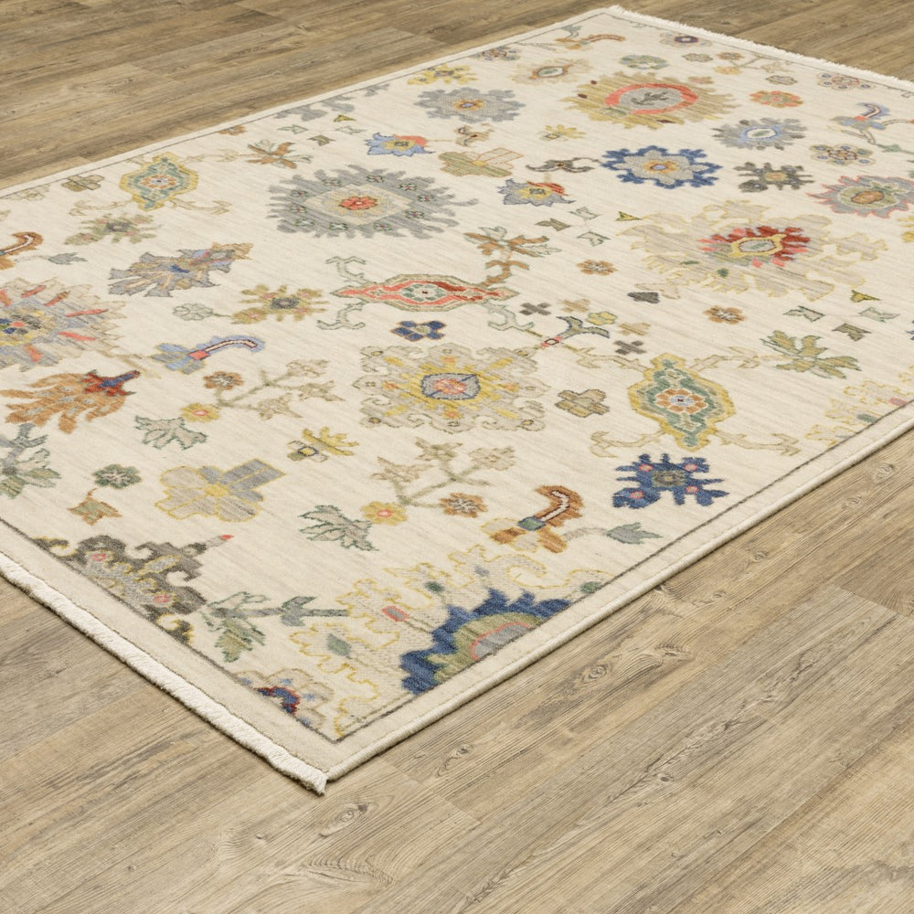 Premium Hand-Knotted Oushak Wool Rug - Vibrant Ivory Cream Multi Floral Carpet
