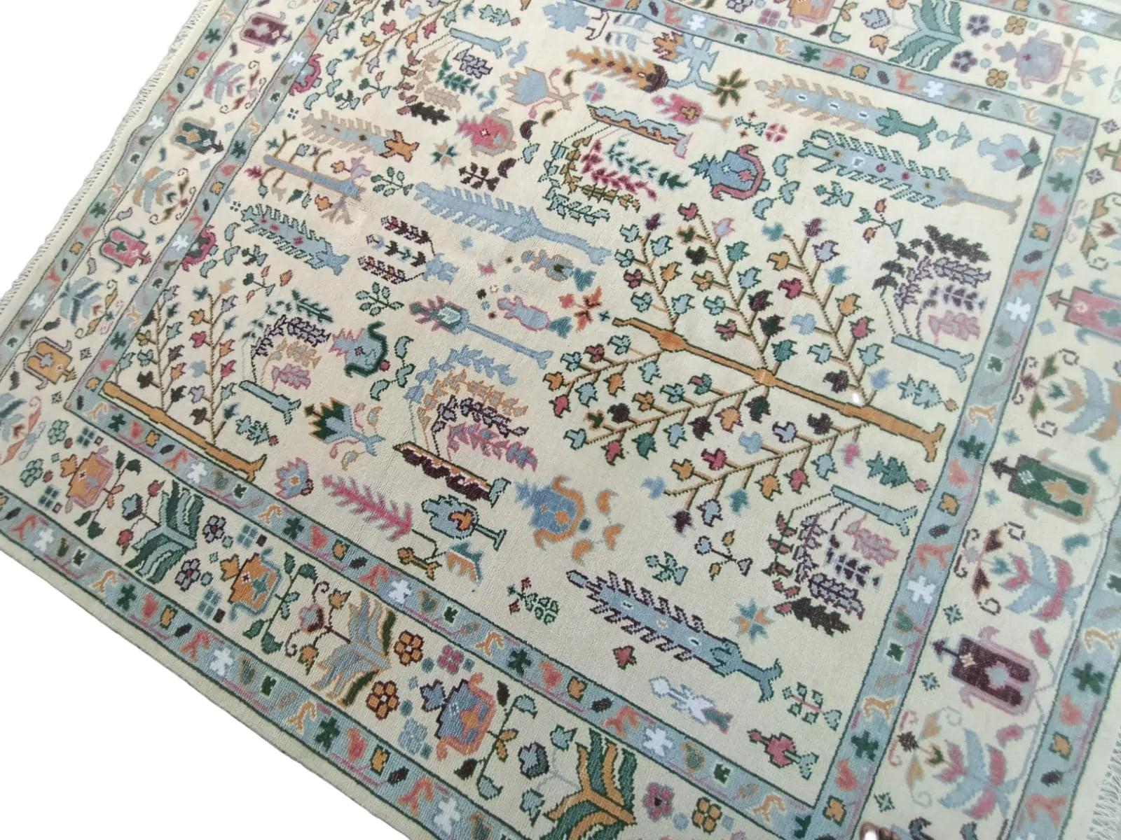 Premium Hand-Knotted Oushak Wool Rug - Creamy Ivory & Sage Green Tree of Life Carpet - Custom Size Traditional Area Rug for Living Room, Bedroom & Dining Space