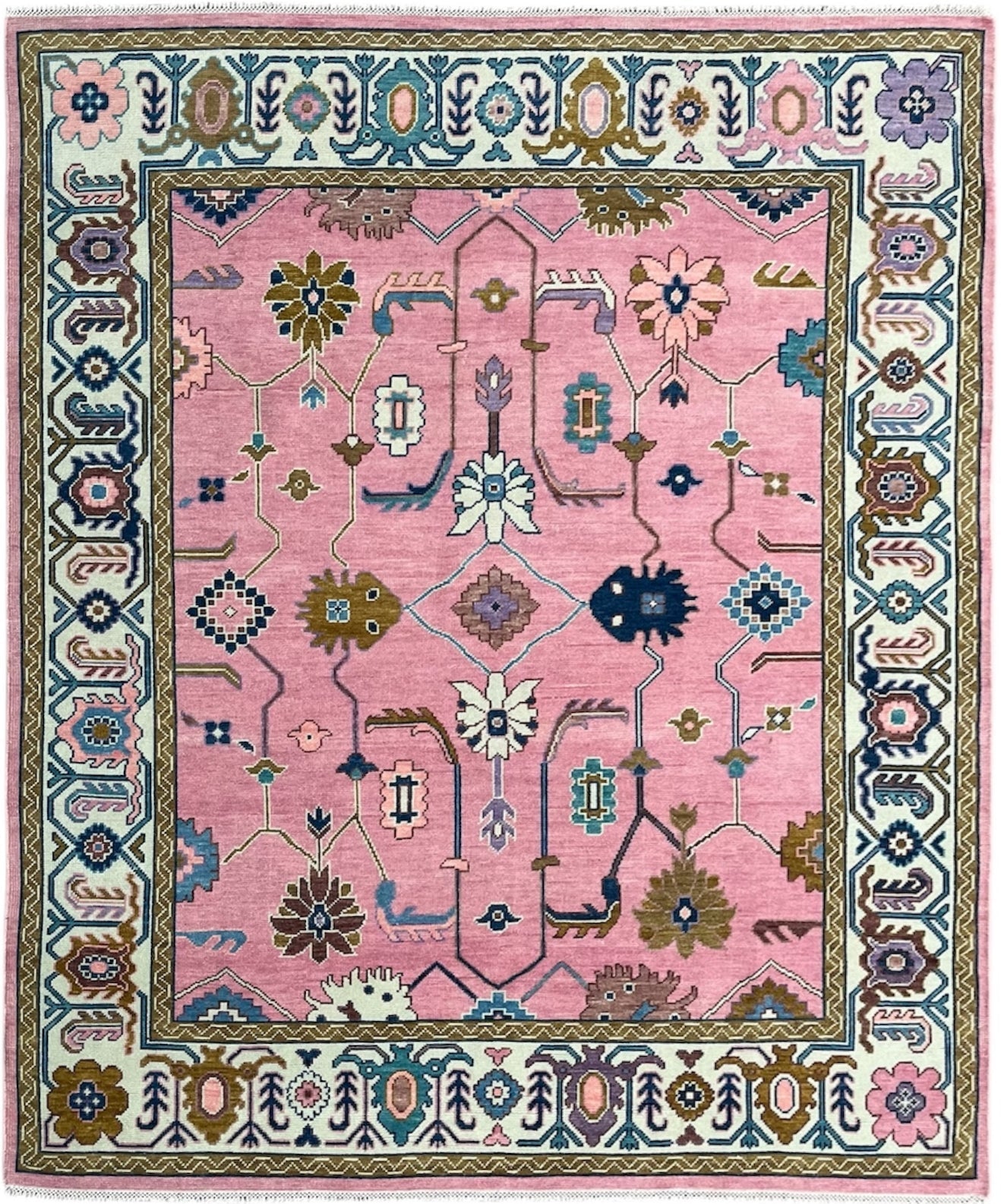 Premium Hand-Knotted Oushak Wool Rug - Soft Pink and Sage Green Floral Carpet