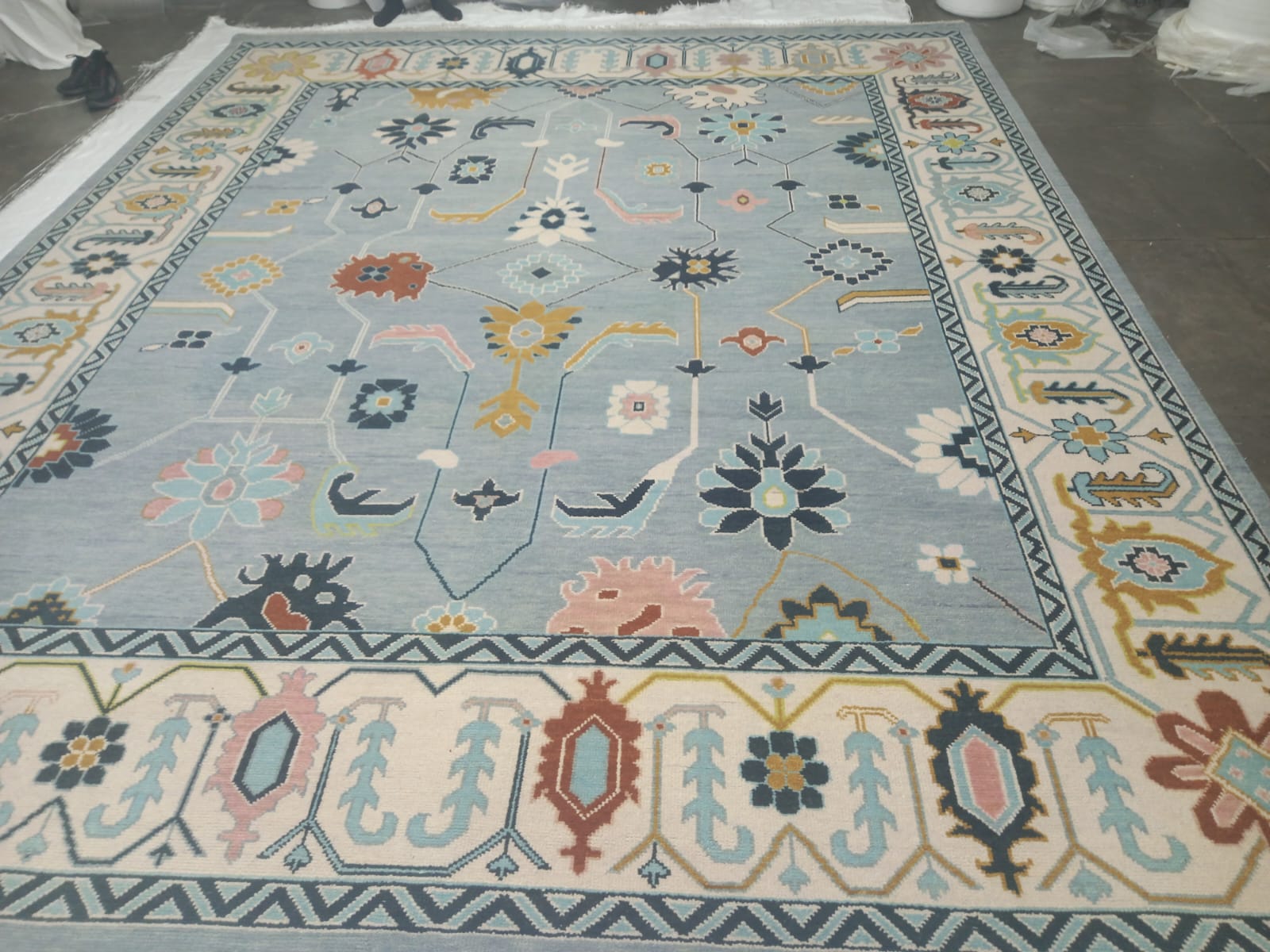 Premium Hand-Knotted Oushak Wool Rug - Slate Blue & Ivory Border Transitional Carpet - Custom Size Area Rug for Living Room, Bedroom & Dining Space