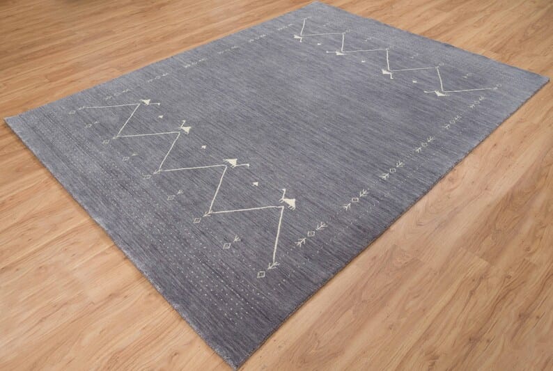 Premium Hand-Knotted Oushak Wool Rug - Grey Charcoal Minimalist Chevron Geometric Carpet