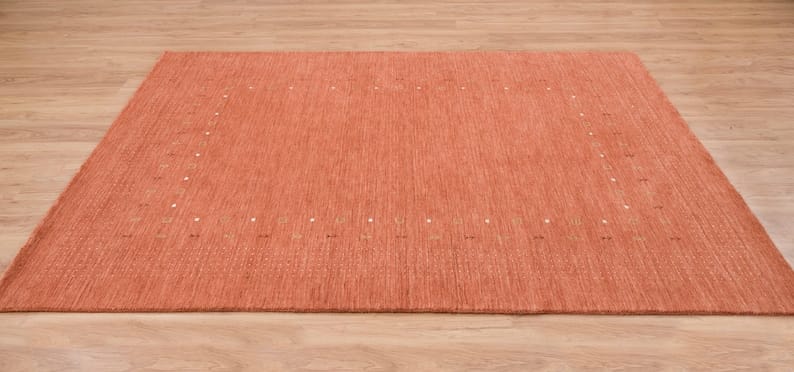 Premium Hand-Knotted Gabbeh Wool Rug - Minimalist Rust Orange Turkish Carpet