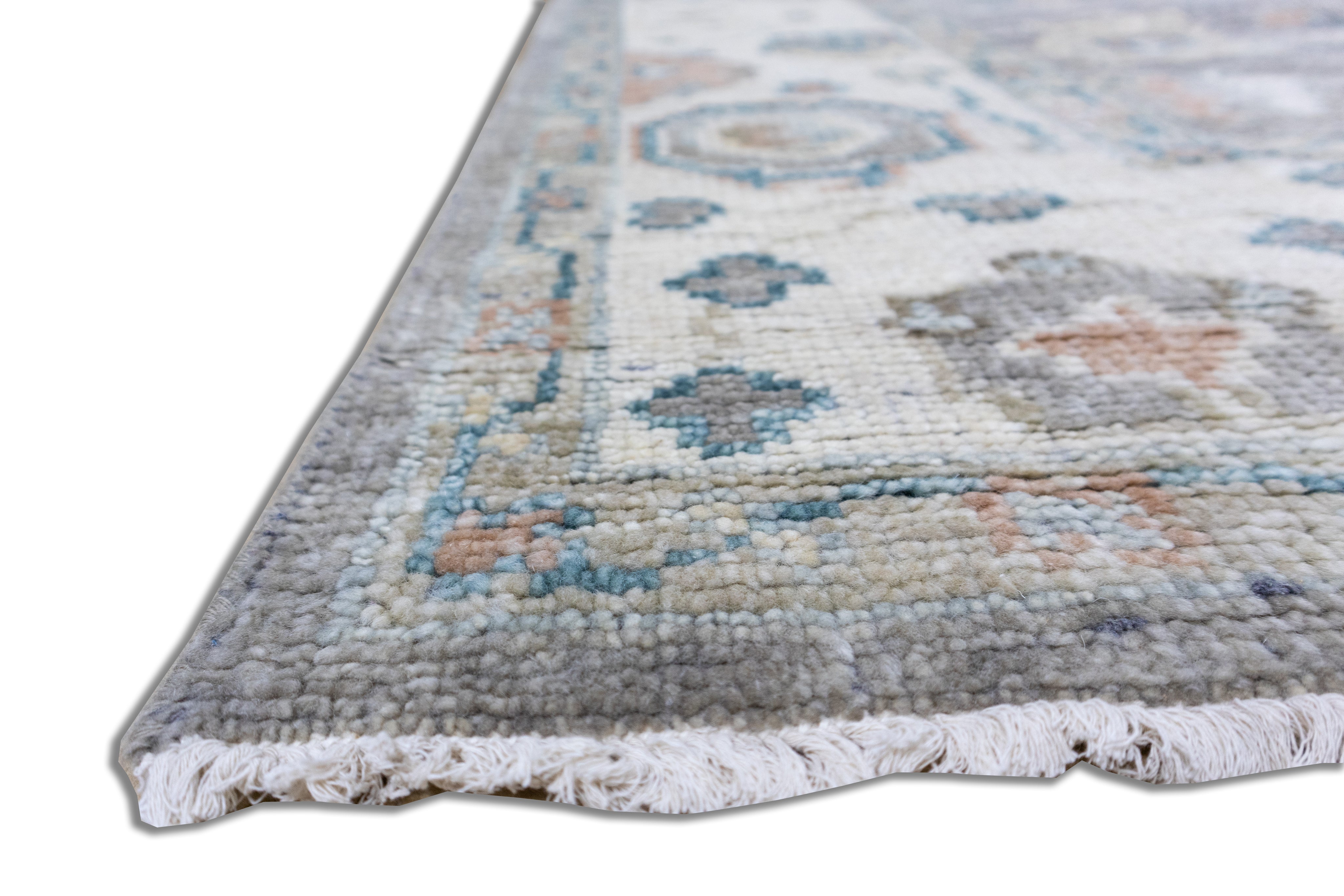 Premium Hand-Knotted Oushak Wool Rug - Muted Silver Grey Light Blue Floral Carpet