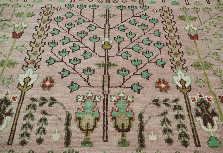 Premium Hand-Knotted Oushak Wool Rug - Muted Salmon Pink & Sage Green Tree of Life Carpet - Custom Size Traditional Area Rug for Living Room, Bedroom & Nursery