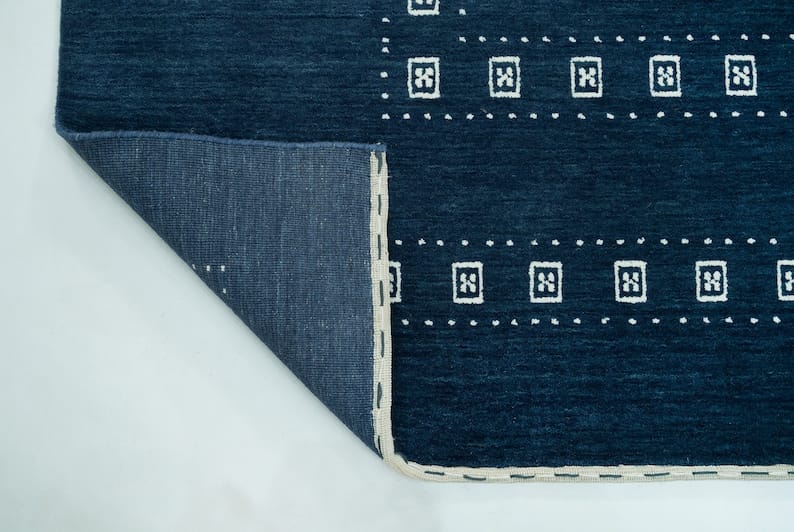 Premium Hand-Knotted Gabbeh Wool Rug - Minimalist Navy Indigo Blue Geometric Tribal Area Carpet - Custom Size Available