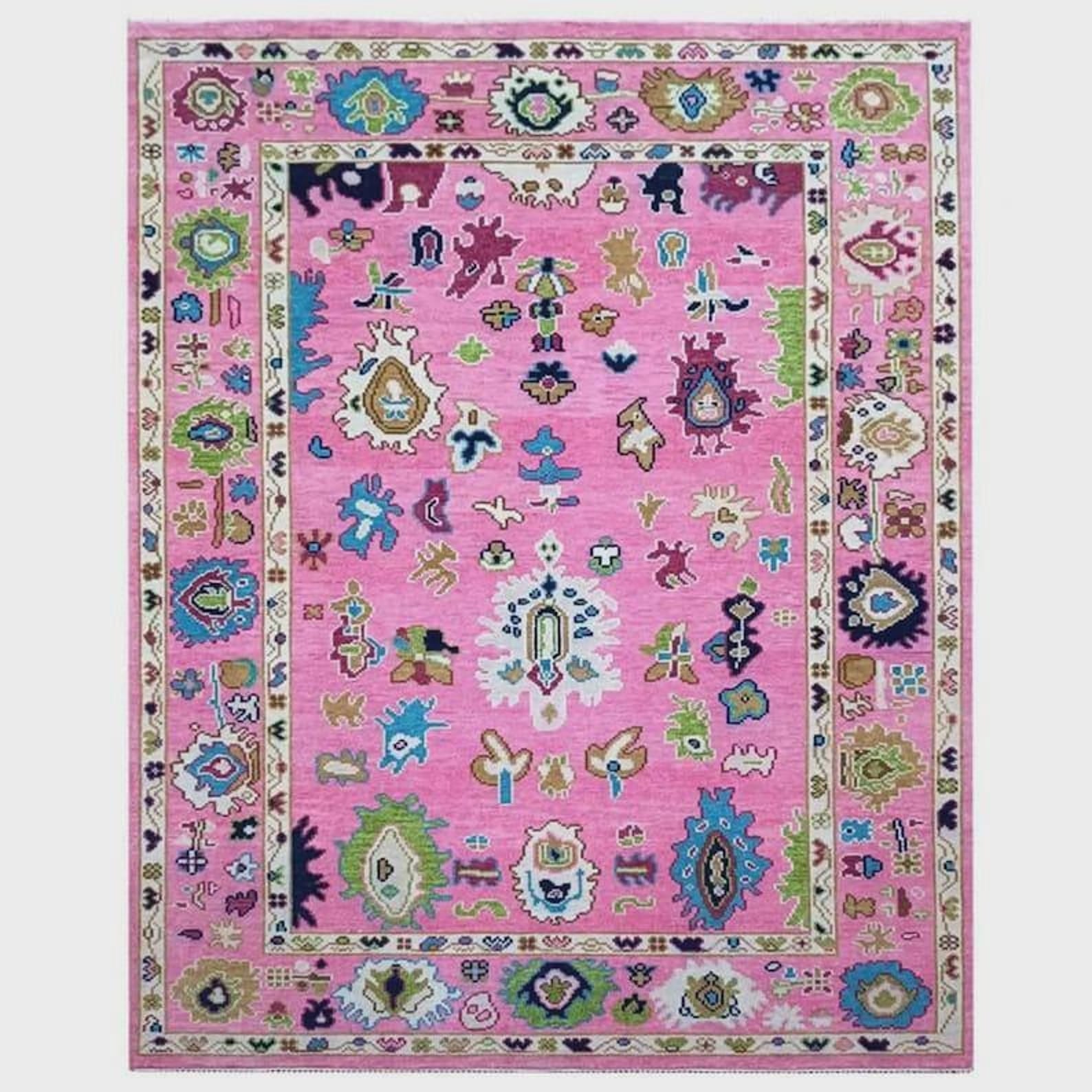 Premium Hand-Knotted Oushak Wool Rug - Fuchsia Pink & Multi-Color Turkish Style Carpet - Custom Size Area Rug for Living Room, Bedroom & Kids Room