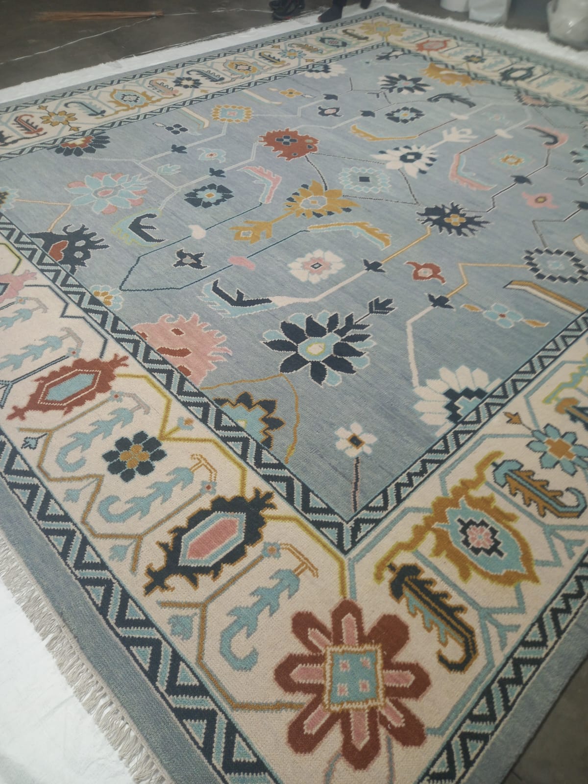 Premium Hand-Knotted Oushak Wool Rug - Slate Blue & Ivory Border Transitional Carpet - Custom Size Area Rug for Living Room, Bedroom & Dining Space